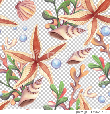 Seamless pattern with seashells and seaweed. Hand drawn watercolor illustration in light beige and orange colors for packaging, wrapping, and fabric design. Seamless pattern with seashells and seaweed. Hand drawn watercolor illustration in light beige and orange colors for packaging, wrapping, and fabric design. 139621408