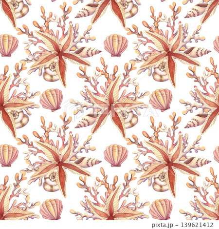 Seamless pattern with starfish and corals. Hand drawn watercolor illustration of the underwater world in light beige and orange colors for packaging, wrapping, and fabric design. Seamless pattern with starfish and corals. Hand drawn watercolor illustration of the underwater world in light beige and orange colors for packaging, wrapping, and fabric design. 139621412