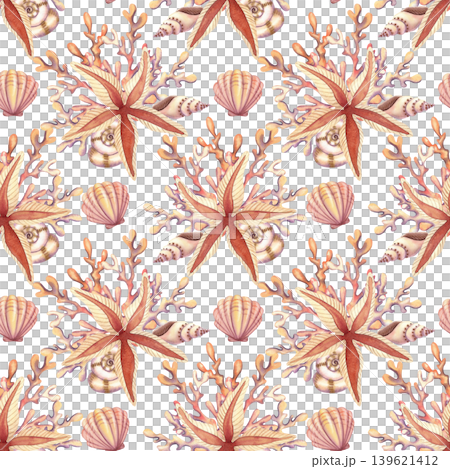 Seamless pattern with starfish and corals. Hand drawn watercolor illustration of the underwater world in light beige and orange colors for packaging, wrapping, and fabric design. Seamless pattern with starfish and corals. Hand drawn watercolor illustration of the underwater world in light beige and orange colors for packaging, wrapping, and fabric design. 139621412