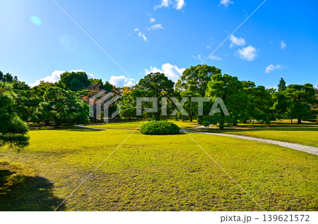 The Japanese garden view of nijo jo castle, Kyoto, Japan. World Heritage Site, Japanese old traditional architecture in Kyoto, Japan. Background landscape of the beauty of Nijo Castle at sunny day. 139621572