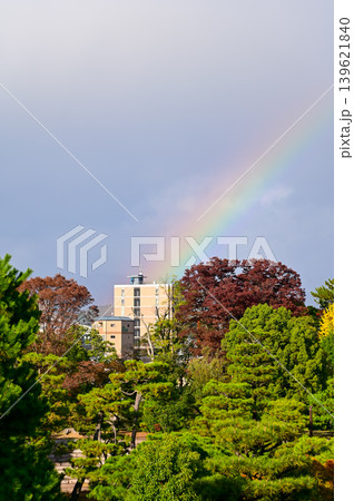 Rainbow on the sky from the view of nijo jo castle, Kyoto, Japan. World Heritage Site. Major tourist attraction in Kansai region in Japan. Japan famous historic architecture. Nature scene. Rainbow on the sky from the view of nijo jo castle, Kyoto, Japan. World Heritage Site. Major tourist attraction in Kansai region in Japan. Japan famous historic architecture. Nature scene. 139621840