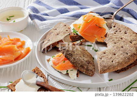 Finnish reikaleipa bread with salmon and cheese Finnish reikaleipa bread with salmon and cheese 139622202