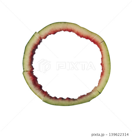 Empty watermelon rind circle isolated on white background showing remains of red pulp. Empty watermelon rind circle isolated on white background showing remains of red pulp. 139622314