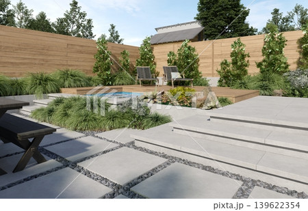 3D render of a modern backyard exterior area. Landscape design with wooden deck, pool and patio 139622354