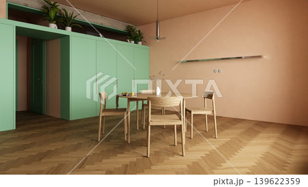 3D render of a modern minimalist dining room. Wooden table and chairs with mint green cabinets 3D render of a modern minimalist dining room. Wooden table and chairs with mint green cabinets 139622359