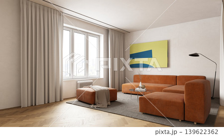 Bright modern living room interior with large window and orange sofa. 3d illustration architecture 139622362