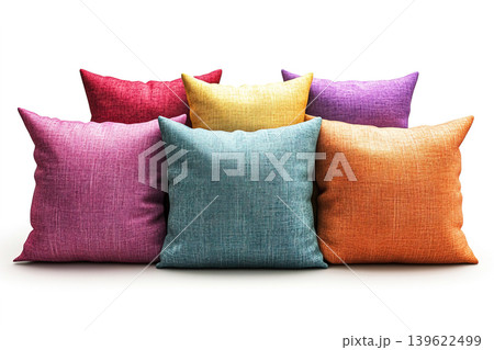 Decorative pillows in vibrant colors against a white background isolated for home decor. Header banner mockup with copy space. Decorative pillows in vibrant colors against a white background isolated for home decor. Header banner mockup with copy space. 139622499