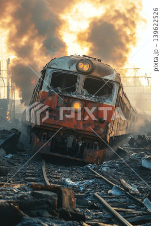 Impact of train derailment causing massive destruction and chaos in urban area Impact of train derailment causing massive destruction and chaos in urban area 139622526