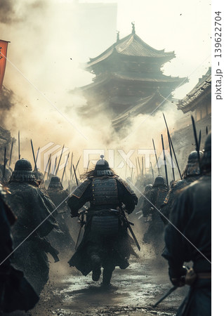 Dramatic clash of samurai warriors in a fierce military battle during feudal Japan Dramatic clash of samurai warriors in a fierce military battle during feudal Japan 139622704
