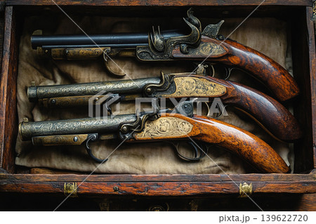 Vintage flintlock pistols displayed in an ornate wooden box from the medieval era Vintage flintlock pistols displayed in an ornate wooden box from the medieval era 139622720