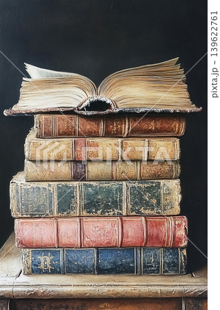 Stack of antique books with an open book on top revealing vintage pages and worn covers 139622761