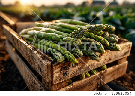 Freshly harvested asparagus in a wooden box at a sunlit farm field 139623054