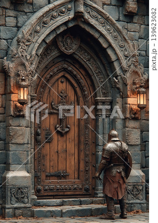 Medieval door with guard at castle gate highlights intricate architecture and historical design Medieval door with guard at castle gate highlights intricate architecture and historical design 139623082