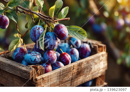 Box of plums resting in a sunlit orchard with vibrant trees in the background Box of plums resting in a sunlit orchard with vibrant trees in the background 139623097