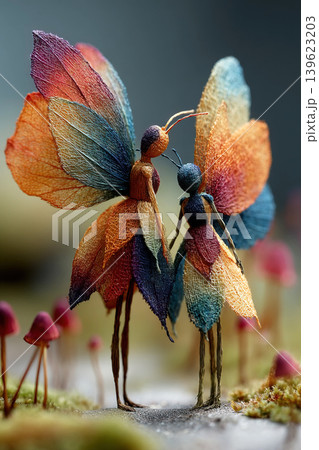 Fabulous fairies with colorful wings embrace amidst enchanting miniature scenery Fabulous fairies with colorful wings embrace amidst enchanting miniature scenery 139623203