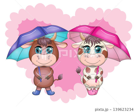 Cute cartoon couple cow and bull with umbrellas with beautiful big eyes. Symbol of the year 2021 according to the Chinese calendar. Cute cartoon couple cow and bull with umbrellas with beautiful big eyes. Symbol of the year 2021 according to the Chinese calendar. 139623234