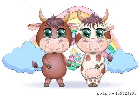Cute cartoon couple cow and bull with flowers on a rainbow background. Symbol of the year 2021 according to the Chinese calendar. Children's illustration Cute cartoon couple cow and bull with flowers on a rainbow background. Symbol of the year 2021 according to the Chinese calendar. Children's illustration 139623235