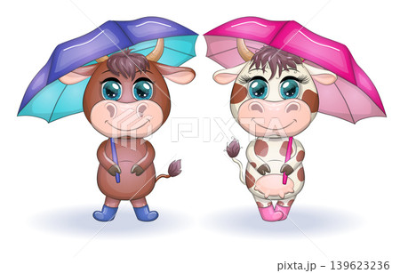 Cute cartoon couple cow and bull with umbrellas with beautiful big eyes. Symbol of the year 2021 according to the Chinese calendar. 139623236