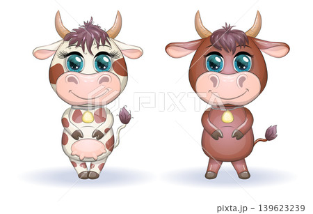 A cute cartoon couple of cow and bull in flowers with beautiful big eyes. Symbol of the year 2021 according to the Chinese calendar. Children's illustration 139623239