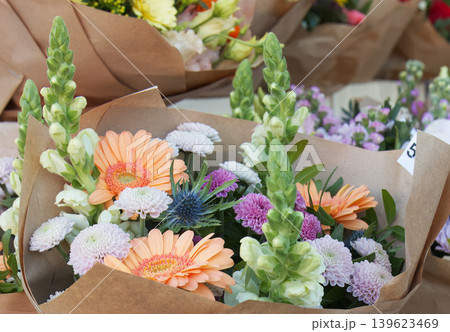 Rustic flower bouquet in kraft paper at farmers market 139623469