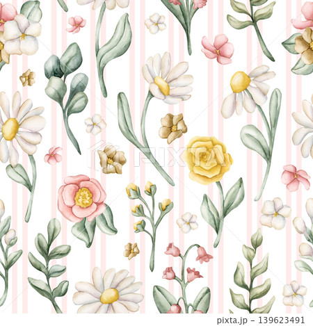 Cute Colourful Meadow Flower Pink Striped Seamless Pattern. Watercolor summer spring bloom floral illustration hand painted isolated on white background for nursery design fresh print fabric textile Cute Colourful Meadow Flower Pink Striped Seamless Pattern. Watercolor summer spring bloom floral illustration hand painted isolated on white background for nursery design fresh print fabric textile 139623491