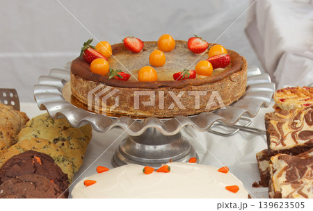 Rustic fruit cake on stand at Naplavka farmers market Rustic fruit cake on stand at Naplavka farmers market 139623505