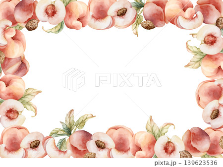 Pink Peaches with Seed Frame Summer Juicy Ripe Fruits. Watercolor hand drawn floral food illustration isolated on white background for home kitchen textile fresh print card cosmetic package crockery Pink Peaches with Seed Frame Summer Juicy Ripe Fruits. Watercolor hand drawn floral food illustration isolated on white background for home kitchen textile fresh print card cosmetic package crockery 139623536