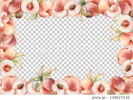 Pink Peaches with Seed Frame Summer Juicy Ripe Fruits. Watercolor hand drawn floral food illustration isolated on white background for home kitchen textile fresh print card cosmetic package crockery Pink Peaches with Seed Frame Summer Juicy Ripe Fruits. Watercolor hand drawn floral food illustration isolated on white background for home kitchen textile fresh print card cosmetic package crockery 139623536