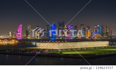 Doha, Qatar - Jan 07 2024, Aerial view of the new cruise terminal of the port of Doha, in the background a panorama of the area with skyscrapers, at night with illumination Doha, Qatar Doha, Qatar - Jan 07 2024, Aerial view of the new cruise terminal of the port of Doha, in the background a panorama of the area with skyscrapers, at night with illumination Doha, Qatar 139623557