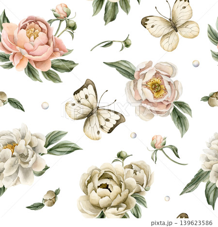 Peonies Flowers Butterflies Seamless Pattern. Watercolor hand drawn floral illustratoin isolated on white background for summer design home textile wrapping paper fresh fabric print cosmetic package 139623586