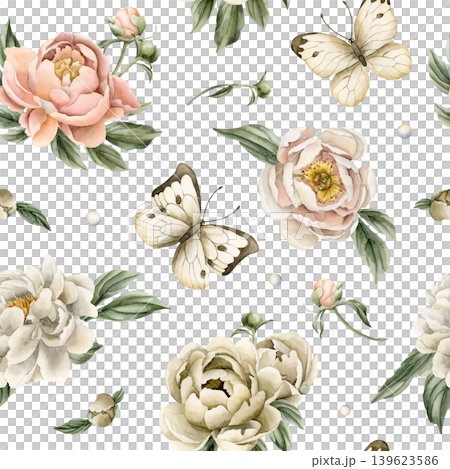 Peonies Flowers Butterflies Seamless Pattern. Watercolor hand drawn floral illustratoin isolated on white background for summer design home textile wrapping paper fresh fabric print cosmetic package 139623586