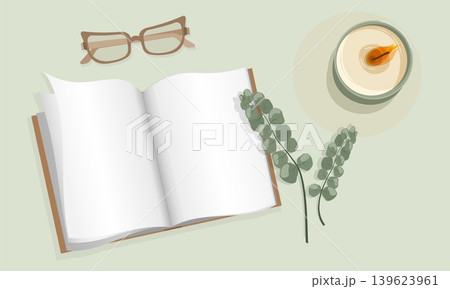 Minimalist Wellness Flat Lay Vector Open Book with Eucalyptus Leaves Burning Candle and Glasses for Hygge Lifestyle Reading Branding Design Asset Minimalist Wellness Flat Lay Vector Open Book with Eucalyptus Leaves Burning Candle and Glasses for Hygge Lifestyle Reading Branding Design Asset 139623961