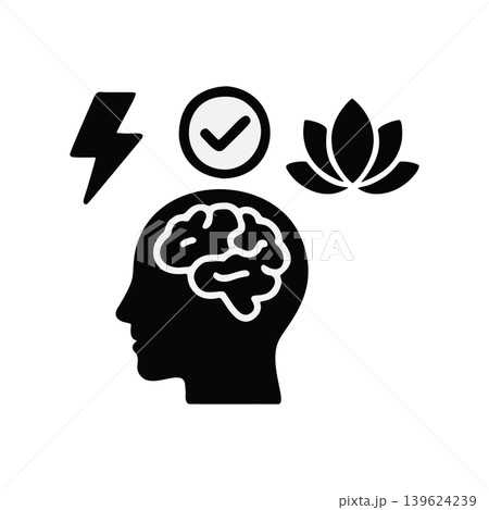 Abstract Silhouette Head with Brain Symbolism Lightning Bolt Checkmark and Lotus Flower 139624239