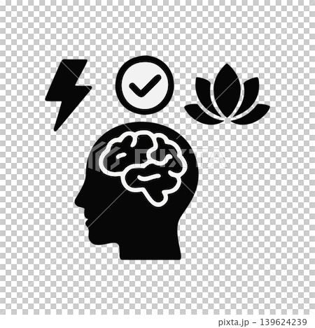Abstract Silhouette Head with Brain Symbolism Lightning Bolt Checkmark and Lotus Flower 139624239