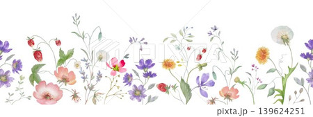 Watercolor floral seamless border with wildflowers. Summer Hand-painted botanical horizontal repeat pattern isolated on white background. Vector EPS. 139624251