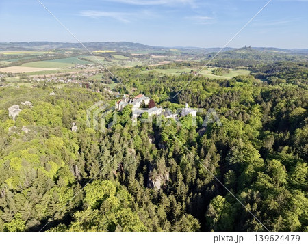 Aerial Perspective Showcasing Secluded Estate With Manicured Grounds Immersed In Lush Forest Aerial Perspective Showcasing Secluded Estate With Manicured Grounds Immersed In Lush Forest 139624479