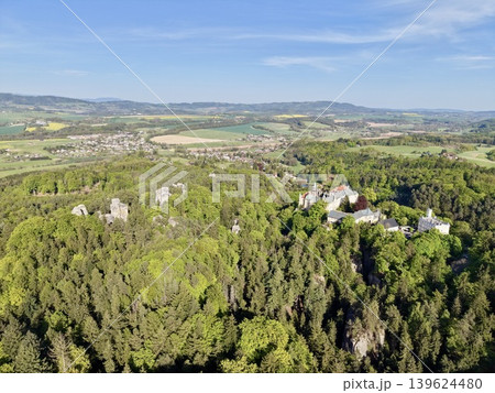 Hilltop Fortress Over Lush Landscape. Elevated Castle Surrounded By Verdant Woods And Valley 139624480