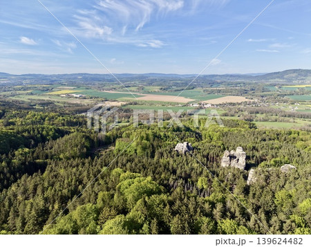 Ancient Landscape Viewed. Skyward Perspective Showcasing Ancient Rocky Remains Amidst Lush Treetops Ancient Landscape Viewed. Skyward Perspective Showcasing Ancient Rocky Remains Amidst Lush Treetops 139624482