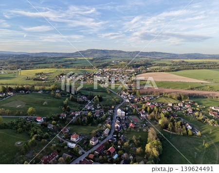 High View Of Clustered Settlement. Aerial Shot Capturing Community Layout And Landscape Details Clearly High View Of Clustered Settlement. Aerial Shot Capturing Community Layout And Landscape Details Clearly 139624491