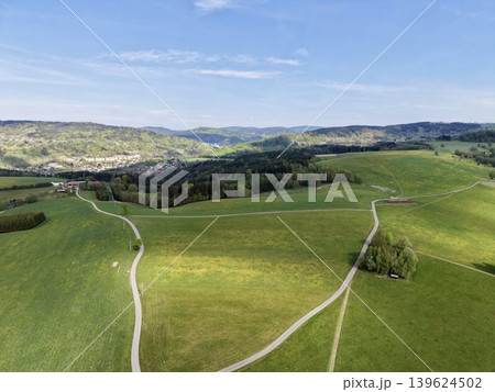 Panoramic Aerial Perspective Showcasing Winding Country Path Suitable For Slow Adventures And Outdoor Pursuits Panoramic Aerial Perspective Showcasing Winding Country Path Suitable For Slow Adventures And Outdoor Pursuits 139624502