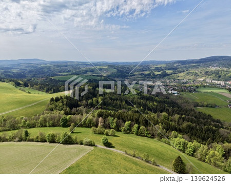 Peaceful Rural Scenery With Forests. Tranquil Highaltitude View Of Natural Landscapes And Villages Peaceful Rural Scenery With Forests. Tranquil Highaltitude View Of Natural Landscapes And Villages 139624526