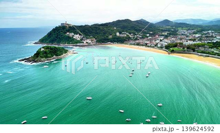 Aerial View of San Sebastins Beautiful Coastline with Boats 139624592