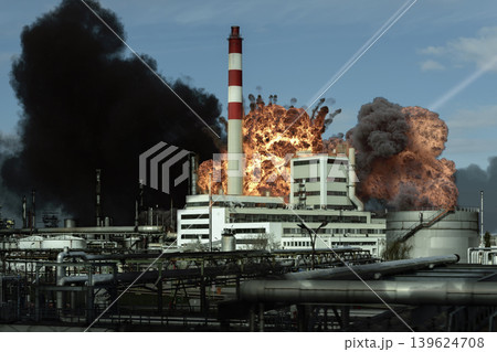 Flames rising above factory buildings and industrial chimneys Flames rising above factory buildings and industrial chimneys 139624708