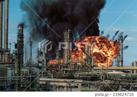 Massive explosion and thick black smoke above industrial oil refinery 139624710