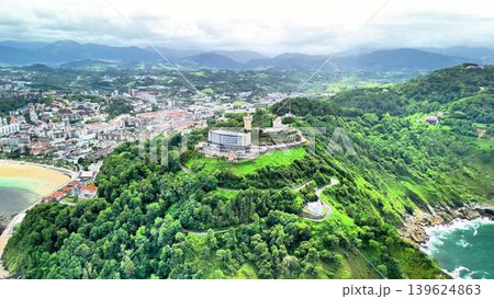 Aerial View of a Beautiful Scenic Coastal Landscape Featuring a Picturesque Hilltop Town 139624863