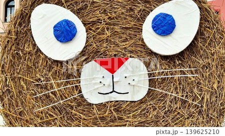 A Whimsical Straw Bunny Sculpture Displayed in a Vibrant Urban Setting for Everyone A Whimsical Straw Bunny Sculpture Displayed in a Vibrant Urban Setting for Everyone 139625210