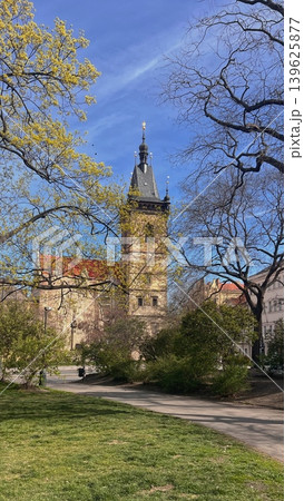 Historic clock tower surrounded by trees and green grass in a park 139625877