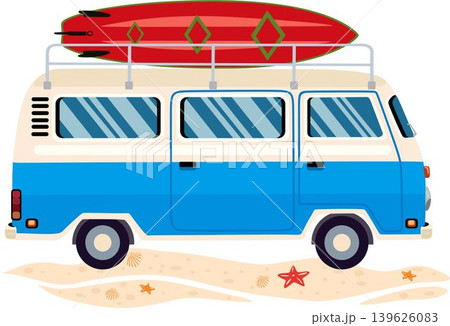 vintage beach bus and surfing equipment on sandy shore vintage beach bus and surfing equipment on sandy shore 139626083