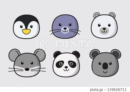 Set of cute animal head, Cartoon animal face collection, Cute and friendly wild animals in line drawing style, with penguin, seals, polar bear, mouse, panda, koalas. Vector design illustration. Set of cute animal head, Cartoon animal face collection, Cute and friendly wild animals in line drawing style, with penguin, seals, polar bear, mouse, panda, koalas. Vector design illustration. 139626711
