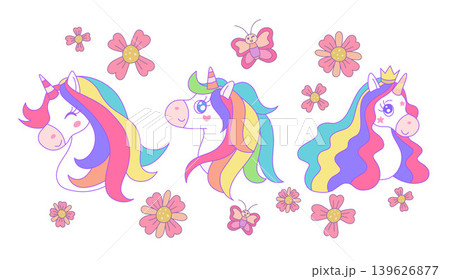 Set of cute unicorn head with flowers and butterflies, Cartoon pony face in fantasy style, Unicorn hand drawn doodles, Vector design illustration. Set of cute unicorn head with flowers and butterflies, Cartoon pony face in fantasy style, Unicorn hand drawn doodles, Vector design illustration. 139626877